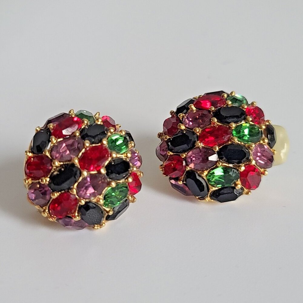 Ciner clip earrings domed cluster multicolor rhinestones red green fruit salad